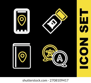 Set line Ticket de tren, traductor, guía de viaje de libro de portada e infografía del icono del mapa de la ciudad. Vector