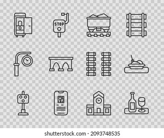 Set line Train traffic light, Wine bottle with glass, Coal train wagon, E-ticket, Toilet the car, Bridge for, Railway station and Plate food icon. Vector