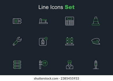 Set line Train traffic light, conductor, Cafe and restaurant location, Railway barrier, driver hat, End of railway tracks, Online ticket booking and Wrench spanner icon. Vector