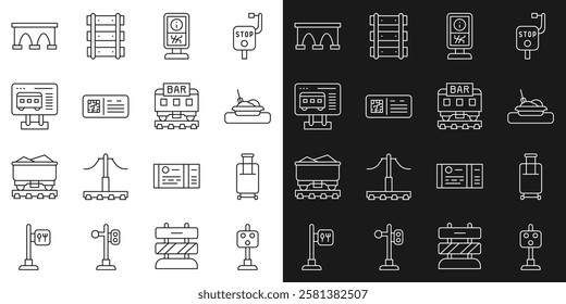 Set line Train traffic light, Suitcase, Plate with food, Information stand, QR code ticket train, Ticket office to buy tickets, Bridge and Restaurant icon. Vector