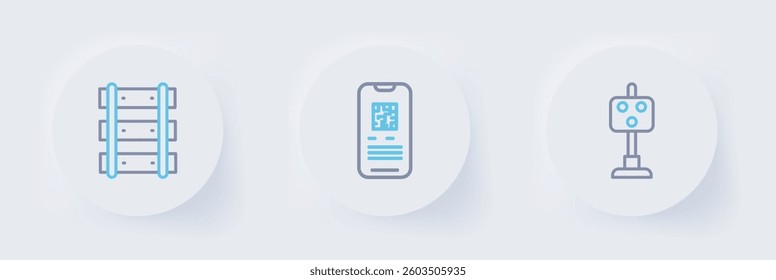Set line Train traffic light, E-ticket train and Railway, railroad track icon. Vector