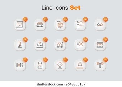 Set line Train traffic light, Traffic cone, Railroad crossing, and railway, ticket, Passenger train cars, Cafe restaurant location and Trolley suitcase icon. Vector