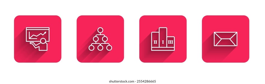 Set line Training, presentation, Hierarchy organogram chart, Award over winner podium and Envelope with long shadow. Red square button. Vector