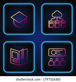 Set line Training, presentation, Open book, Graduation cap globe and Cloud or online library. Gradient color icons. Vector