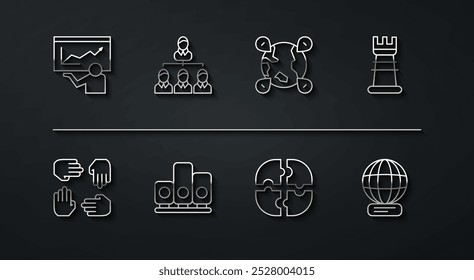 Set line Training, presentation, Project team base, Business strategy, Piece of puzzle, Ranking star, Hierarchy organogram chart, Worldwide and Location the globe icon. Vector