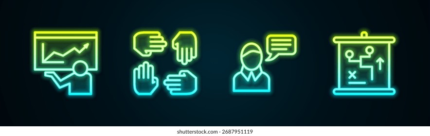 Establecer línea de formación, presentación, base de equipo del proyecto, chat de burbuja de voz y concepto de estrategia de planificación. Icono de neón brillante. Vector