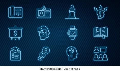 Set line Training, presentation, Reading book, Speaker, Head puzzles strategy, Target with dollar, Telephone 24 hours support, Smart watch and Identification badge icon. Vector