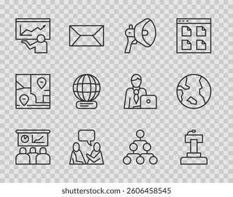 Set line Training, presentation, Stage stand or tribune, Megaphone, Two sitting men talking, Worldwide, Hierarchy organogram chart and Earth globe icon. Vector