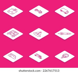 Set line Tram and railway, All Terrain Vehicle or ATV motorcycle, Delivery cargo truck vehicle, School Bus, Yacht sailboat sailing ship, Rocket with fire, Train and  icon. Vector