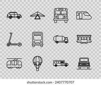 Línea de tranvía y ferrocarril, automóvil, autobús escolar, globo aerostático, auto Hatchback e icono del tranvía de la ciudad vieja. Vector