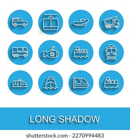Set line Tram and railway, Cruise ship, Car, Train, Oil tanker, Submarine,  and Cargo with boxes delivery icon. Vector