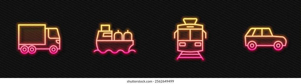 Set line Tram and railway, Delivery cargo truck, Oil tanker ship and Car. Glowing neon icon. Vector