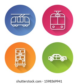Set line Tram and railway, Tram and railway, Double decker bus and Sedan car. Color circle button. Vector
