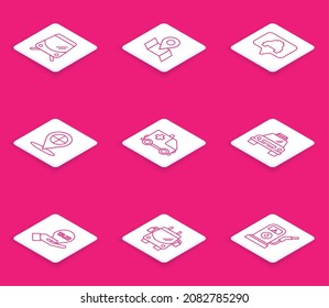 Set line Tram and railway, Folded map with location marker, Map pointer taxi, Ambulance emergency car, Taxi, Hand and Trolleybus icon. Vector