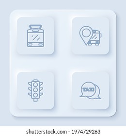 Set line Tram and railway, Location with bus, Traffic light and Taxi call telephone service. White square button. Vector