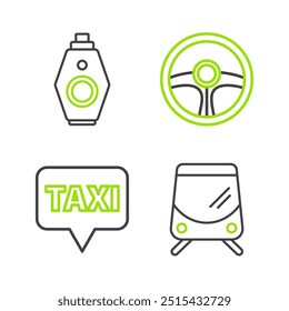 Set Linie Tram und Bahn, Kartenzeiger mit Taxi, Lenkrad und Autoschlüssel Remote-Symbol. Vektorgrafik