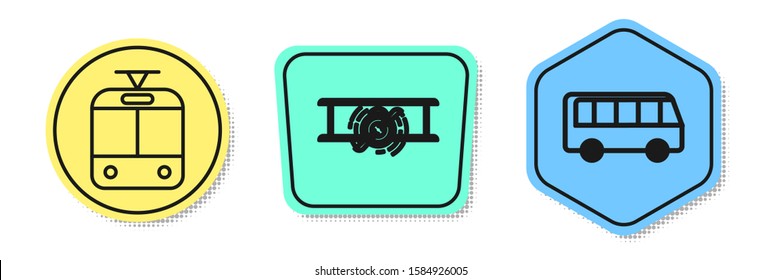 Set line Tram and railway, Old retro vintage plane and Bus. Colored shapes. Vector