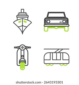 Set line Tram and railway, Scooter, Off road car and Cargo ship icon. Vector