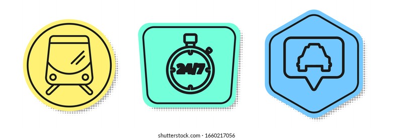 Set line Tram and railway, Stopwatch 24 hours and Map pointer with taxi. Colored shapes. Vector