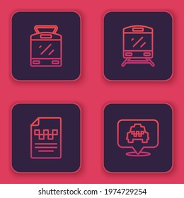 Set line Tram and railway, Taxi driver license, Train and Location with taxi. Blue square button. Vector