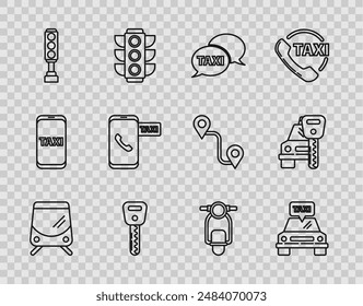 Set line Tram and railway, Taxi car, call telephone service, Car key, Traffic light, Scooter and rental icon. Vector