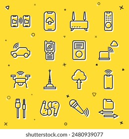 Set line Transfer files, Mobile with wi-fi wireless, Network cloud connection, Router and signal, Walkie talkie, Smart car system, Data transfer storage and Music player icon. Vector