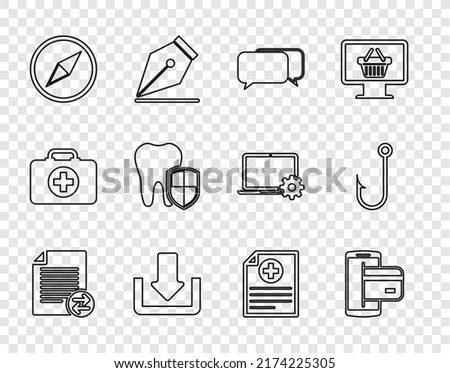 Set line Transfer files, NFC Payment, Chat, Download, Wind rose, Dental protection, Clinical record and Fishing hook icon. Vector