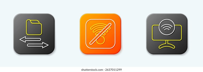 Set line Transfer files, No Wi-Fi wireless internet and Smart Tv system icon. Vector