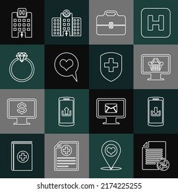 Fijar archivos de transferencia de línea, Smartphone con descarga, Monitor cesta de compras, Caja de herramientas, Burbuja de habla del corazón, anillo de compromiso de diamantes, Edificio de hospitales médicos e icono de cruz de escudo. Vector
