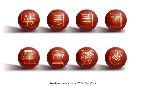 Set line Translator, Book, Alarm clock, Stage stand, Exam sheet with plus grade, Man reading book and Dossier folder icon. Vector