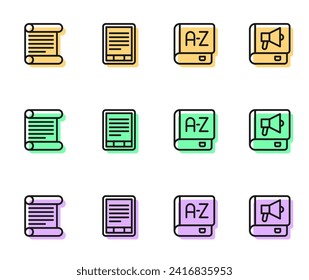 Set line Translator book, Decree, parchment, scroll, E-Book reader and  icon. Vector