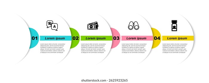 Traductor de línea fija, billete de autobús, binoculares y museo. Plantilla de infografía de negocios. Vector