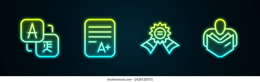 Set line Translator, Exam sheet with A plus grade, Medal and Man reading book. Glowing neon icon. Vector