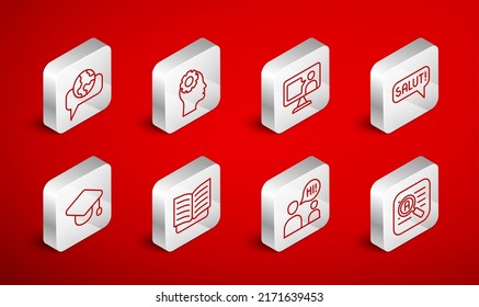 Set line Translator, Head with gear inside, Foreign language online study, Salut different languages, Two sitting men talking, Learning foreign, Open book and Graduation cap icon. Vector