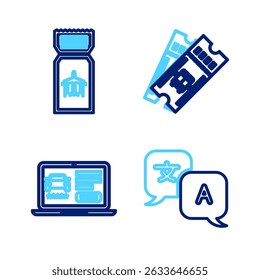 Set line Translator, Online car sharing, Bus ticket and Airline icon. Vector