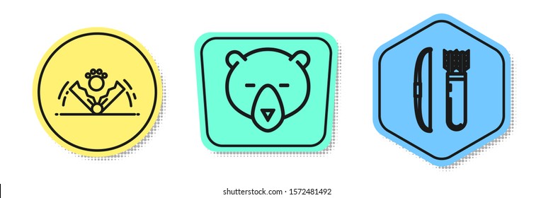Set line Trap hunting, Bear head and Bow and arrow in quiver. Colored shapes. Vector
