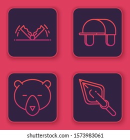 Set line Trap hunting, Bear head, Hunter hat and Hipster arrow tip. Blue square button. Vector