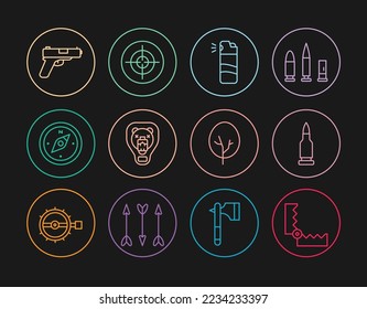 Fijar línea Caza de trampa, Bullet, spray de pimienta, Cabeza de oso sobre escudo, brújula, Pistol o pistola, Icono de deporte de árbol y objetivo. Vector