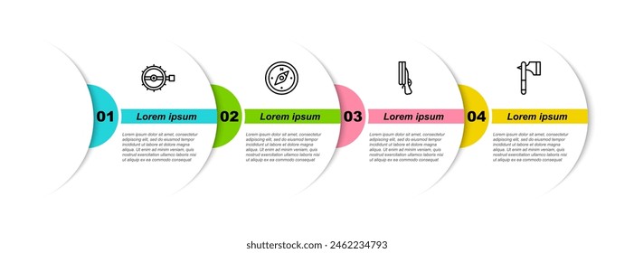 Juego de línea de caza de trampas, brújula, escopeta y hacha de madera. Plantilla de infografía de negocios. Vector