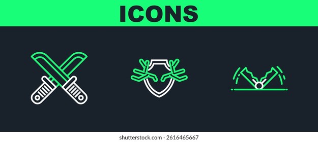 Set line Trap hunting, Crossed hunter knife and Deer antlers on shield icon. Vector