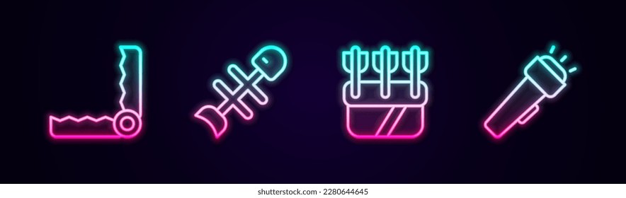 Set line Trap hunting, Dead fish, Quiver with arrows and Flashlight. Glowing neon icon. Vector
