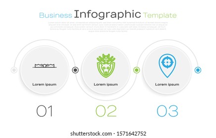 Set line Trap hunting, Deer head with antlers on shield and Hunt place. Business infographic template. Vector