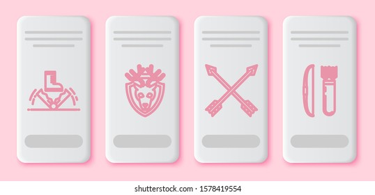 Set line Trap hunting, Deer head with antlers on shield, Crossed arrows and Bow and arrow in quiver. White rectangle button. Vector