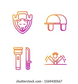 Set line Trap hunting, Flashlight and knife, Moose head on shield and Hunter hat. Gradient color icons. Vector