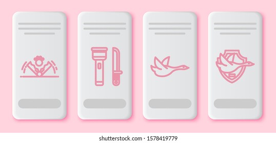 Set line Trap hunting, Flashlight and knife, Flying duck and Flying duck on shield. White rectangle button. Vector