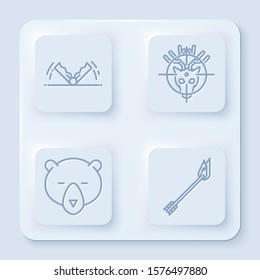 Set line Trap hunting, Hunt on deer with crosshairs, Bear head and Flame arrow. White square button. Vector