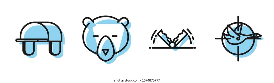 Set line Trap hunting, Hunter hat, Bear head and Hunt on duck with crosshairs icon. Vector