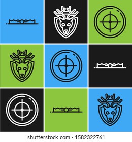 Set line Trap hunting, Target sport for shooting competition and Deer head with antlers on shield icon. Vector