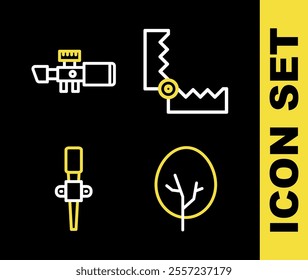 Set line Trap hunting, Tree, Torch flame and Sniper optical sight icon. Vector