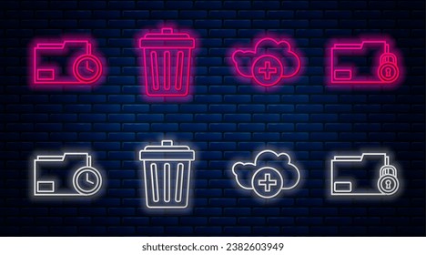 Set line Trash can, Add cloud, Document folder with clock and Folder and lock. Glowing neon icon on brick wall. Vector